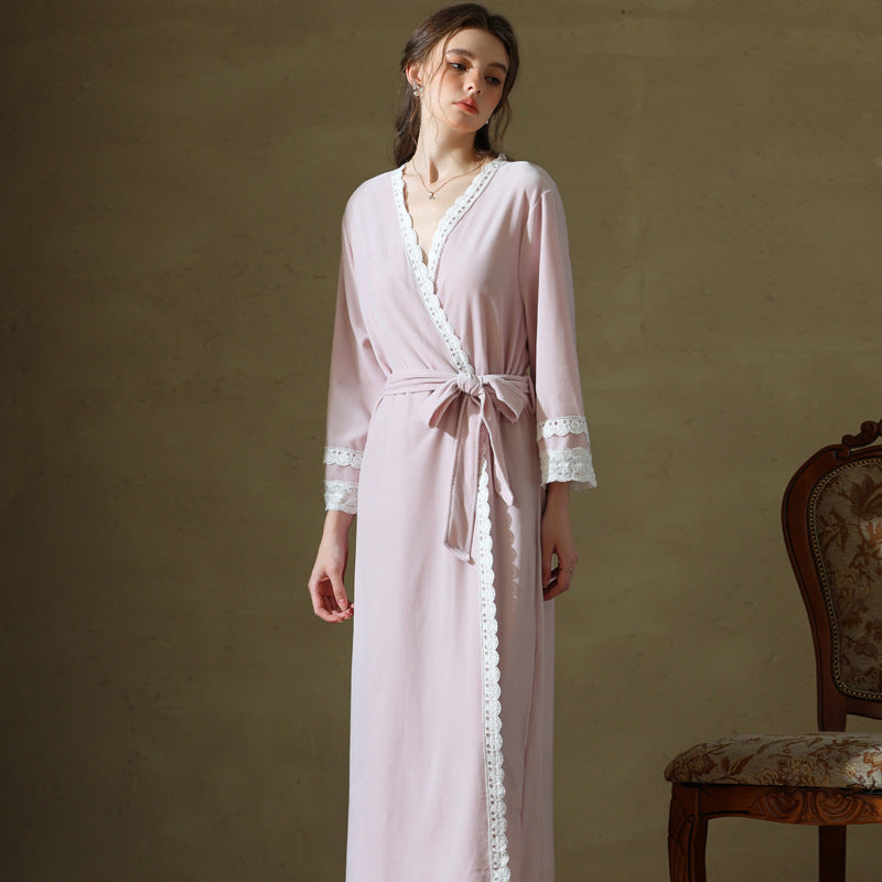 Pink Lace Trimmed Belted Long Robe