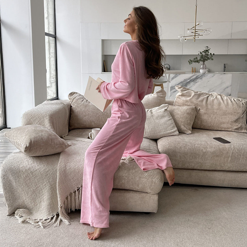 Pink Long Sleeve Cropped Top And Pants Loungewear Set