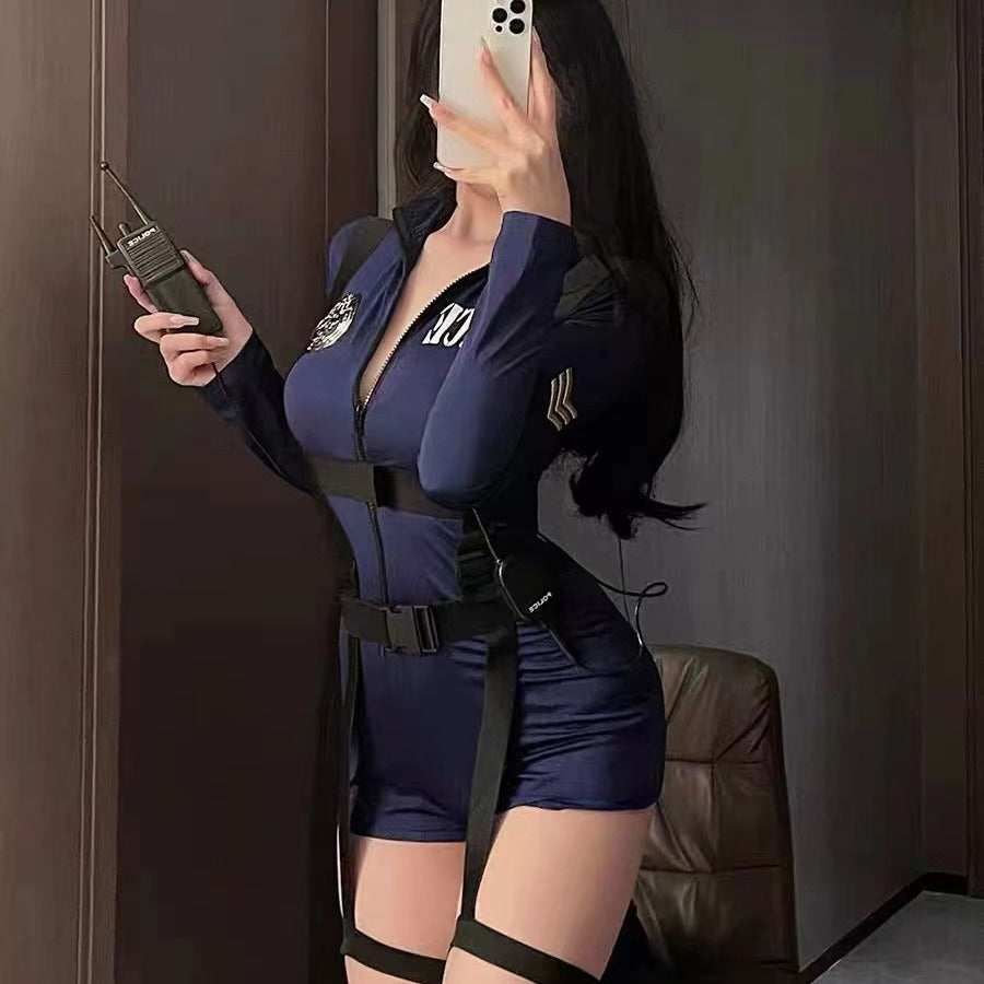 Police Officer Costume Set with Bodysuit, Straps, Walkie-Talkie and Badge