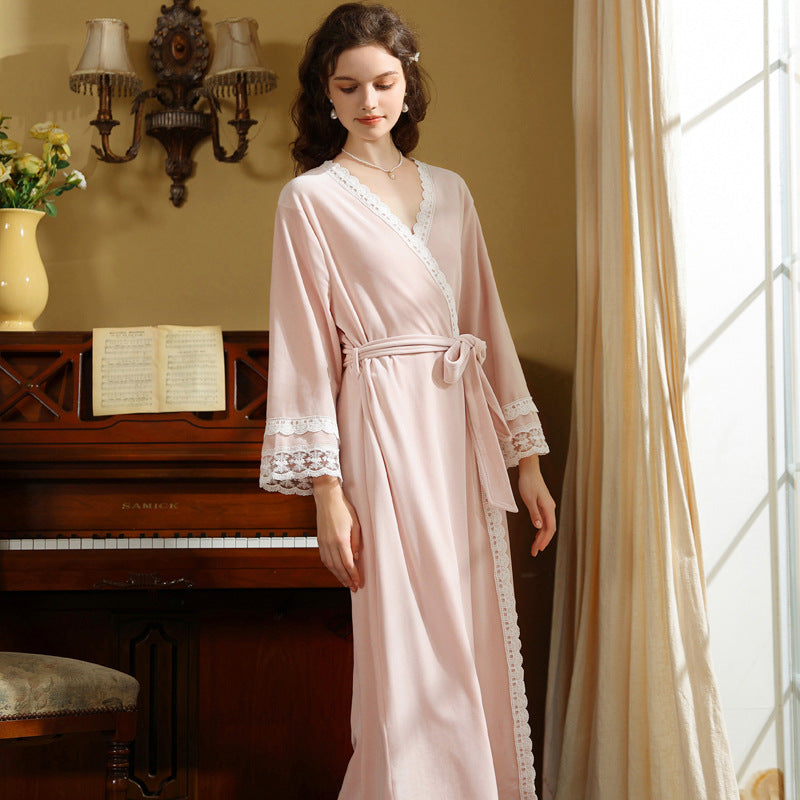 Pink Lace Trimmed Belted Long Robe