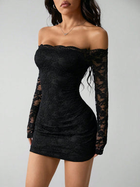 Off-Shoulder Long Sleeve Lace Bodycon Mini Dress