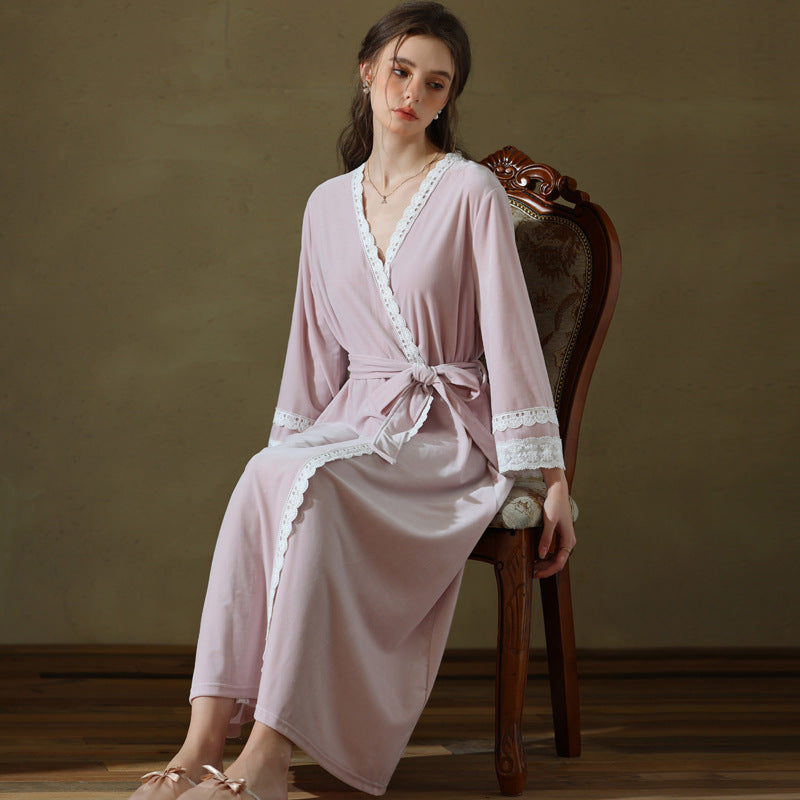 Pink Lace Trimmed Belted Long Robe