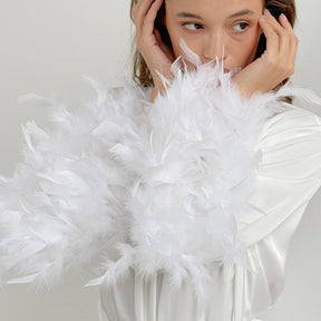 White Satin Robe With Feather - Trimmed Cuffs