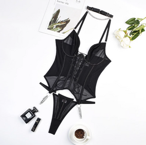 Black Sheer Corset Lingerie with Metal Chain Details