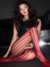Red Striped Lace Fishnet Tights