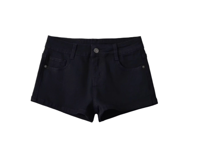 Furry Studded Belt with Black Low-Waist Denim Shorts Set