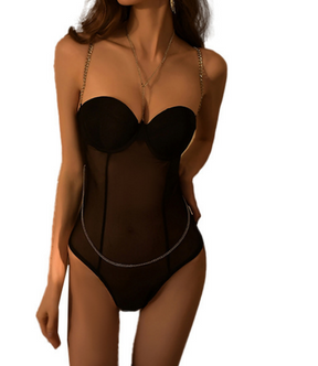 Sweet Black Metal Chain Bodysuit