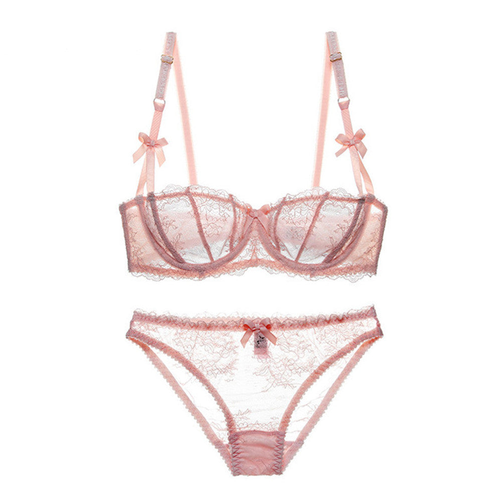 Sheer Lace Half Cup Thin Padded Bralette Set