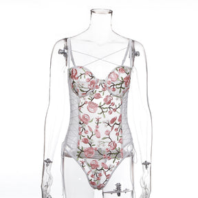 Sexy Flower Embroidered Sexy Bodysuit