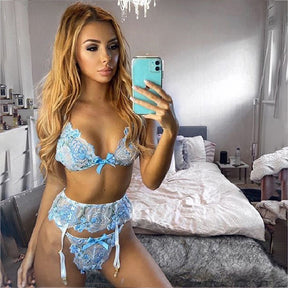 Sheer Butterfly Embroidery Lace Sexy Lingerie Set