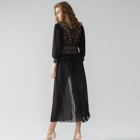 Deep V Allover Lace Satin Long Sleeves Robe