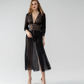 Deep V Allover Lace Satin Long Sleeves Robe