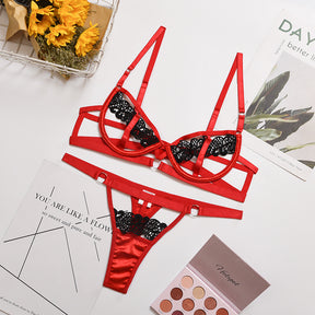 Color Contrast Strappy Open Brust Sexy Lingerie Set