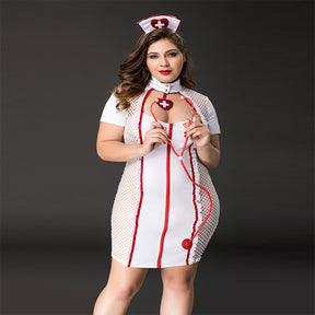 Plus Size Costume Nurse Uniform Fishnet Hollow Out Dress Sexy Costume