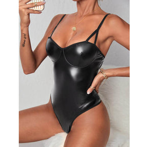 PU Leather Deep V Suspenders Sexy Bodysuit