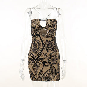 Sexy Printed Hollow Suspender Dress Club Wear