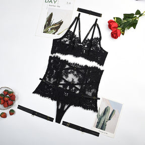 Embroidery Allover Lace Strappy Sexy Lingerie Set