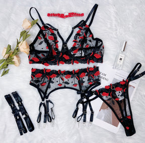 Red Lips Embroidery Lace Sheer Mesh Sexy Lingerie Set