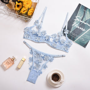 Sheer Mesh Floral Embroidery Sexy Lingerie Set