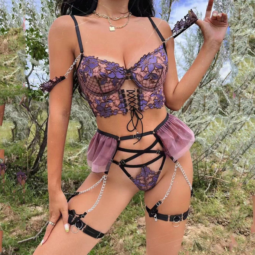 Metal Chain Embroidery Hollow Out Strappy Sexy Lingerie Set