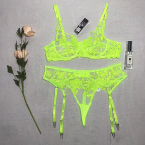 Sexy Mesh Flower Perspective Sexy Lingerie Three-piece Set