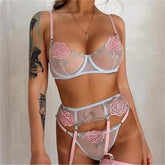 Contrasting Flower Embroidery Sexy Three-Point Lingerie Set