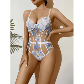 Embroidery Hollow out Mesh Lace Sexy Bodysuit