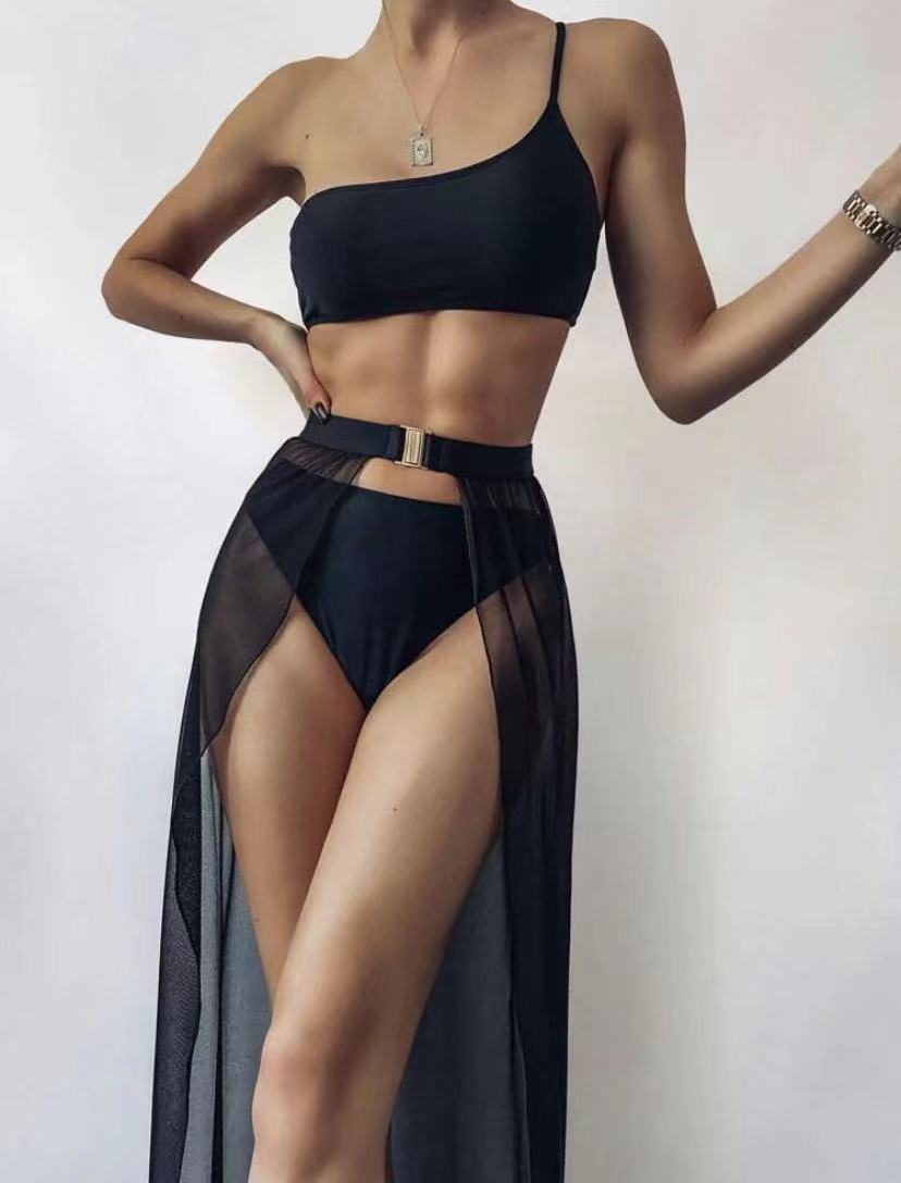 Single Shoulder Strap Sexy Bikini 3Pcs Resort Swimsuit