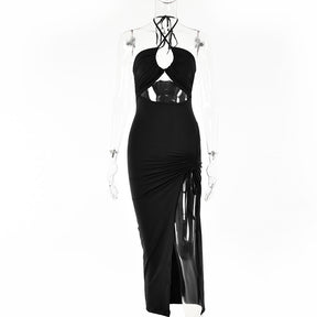 High Slit Shirred Halter Neck Hollow Dress Club Wear
