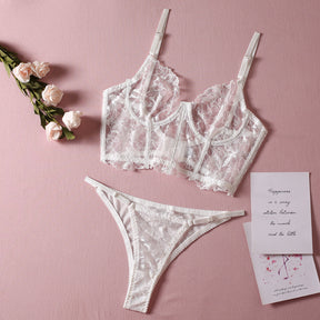 Sheer Mesh Floral Embroidery Lace Corset Sexy Lingerie Set