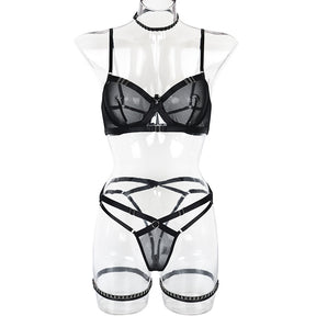 Sheer Mesh Strappy Hollow Sexy Lingerie Set