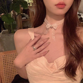 New Gentle White Lace Double Bow Choker Necklace