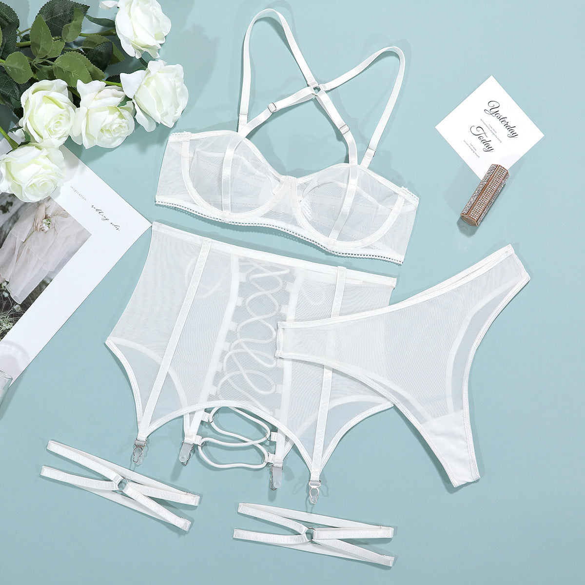 Mesh Perspective Sexy Cross Strap Hollow Lingerie Set