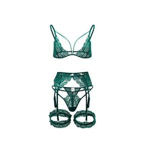 Allover Lace Strappy Embroidery Sexy Lingerie Set
