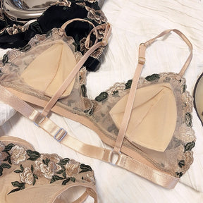 Embroidered Mesh Triangle Cup No Wire Sexy Lingerie Set