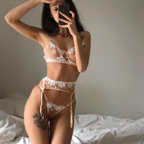 Floral Embroider Perspective  Lace Sexy Lingerie Set