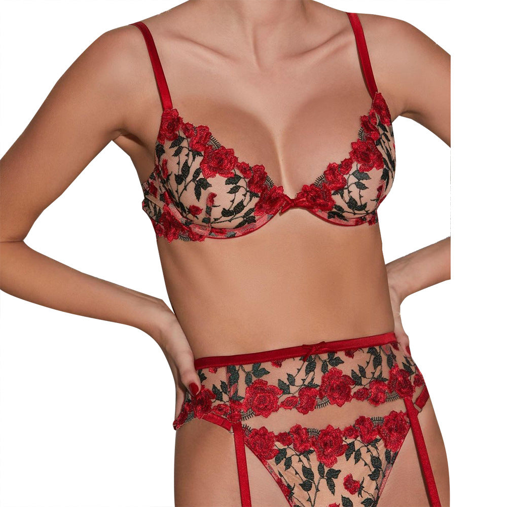 Rose Embroidery Sexy Push Up 3-piece Lingerie Set