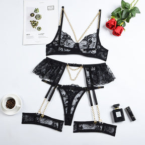 Allover Lace Metal Chain Sexy Lingerie Set