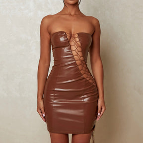 PU Leather Cross Straps Hollow Out Sexy Mini Dress Club Wear