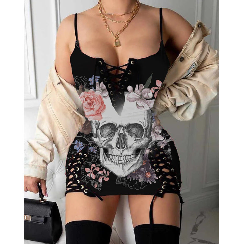 Plus Size Sexy Skull Print Sleeveless Sling Bag Hip Skirt Club Dress