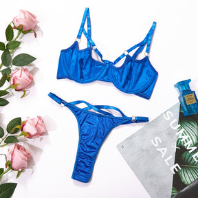 Satin Strappy Hollow Push Up Sexy Lingerie Set
