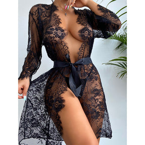 Sheer Lace Perspective Eyelash Lace Trim Sexy Robe