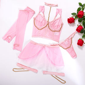 Pink Perspective Mesh Metal Chain Sexy Lingerie Set