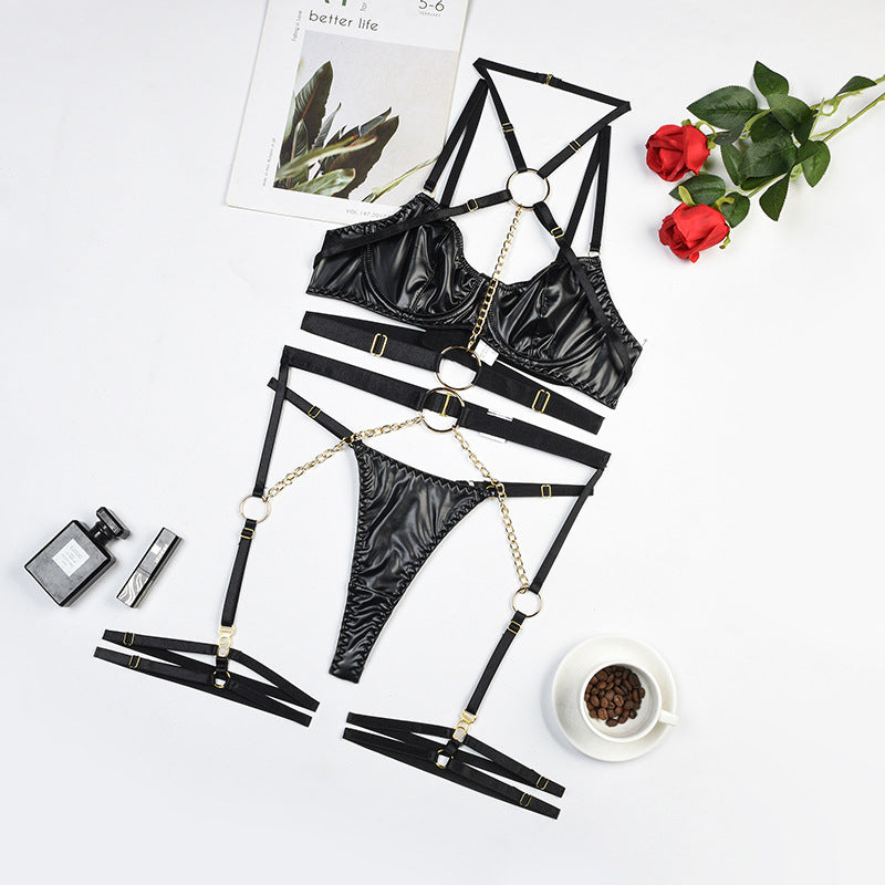 PU Leather Metal Chain Strappy Sexy Lingerie Set