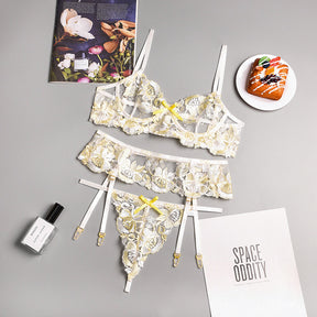 Spring Floral Embroidery Sheer Mesh Sexy Lingerie Set