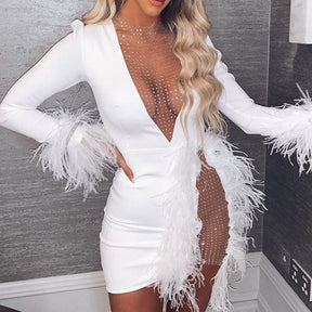 Deep V Mesh Stitching Feathers High Slit Sexy Mini Dress Club Wear