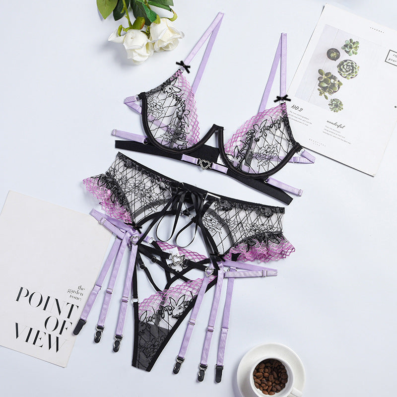 Sheer Mesh Bow Tie Embroidery Lace Sexy Lingerie Set