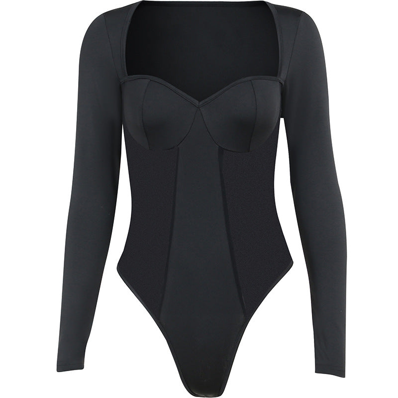 Sexy Square Collar See-Through Stitching Long-Sleeved Bodysuit