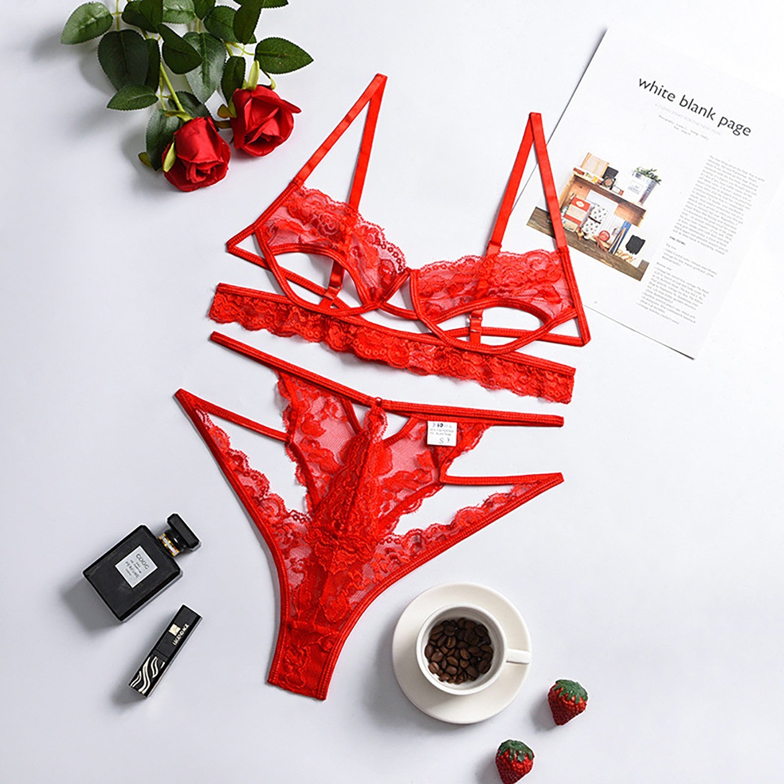 Hollow Out Strappy Embroider Lace Sexy Lingerie Set