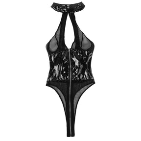 PU Leather Open Brust Hollow Halter Sexy Mesh Bodysuit